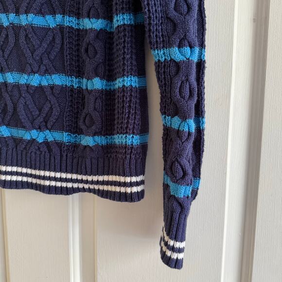 Vintage Liz Claiborne Striped Blue Cable Knit Chunky Sweater Cotton Size Large - Picture 3 of 7